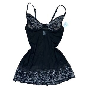 Vtg Fredericks of Hollywood Black Mesh Floral Embroidered mini slip dress S New